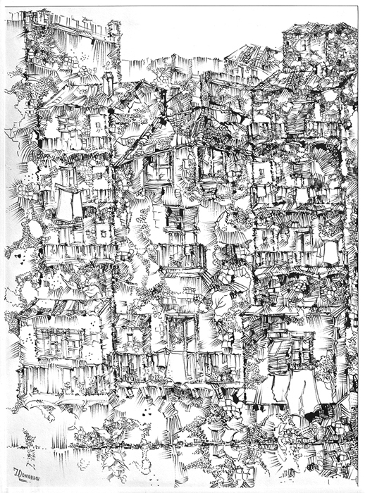 Dibujo a tinta sobre papel – 49x68. Año: 1976 ( Título: “Cases del riu” Girona) Colección particular de Lluís Domènech Juanola